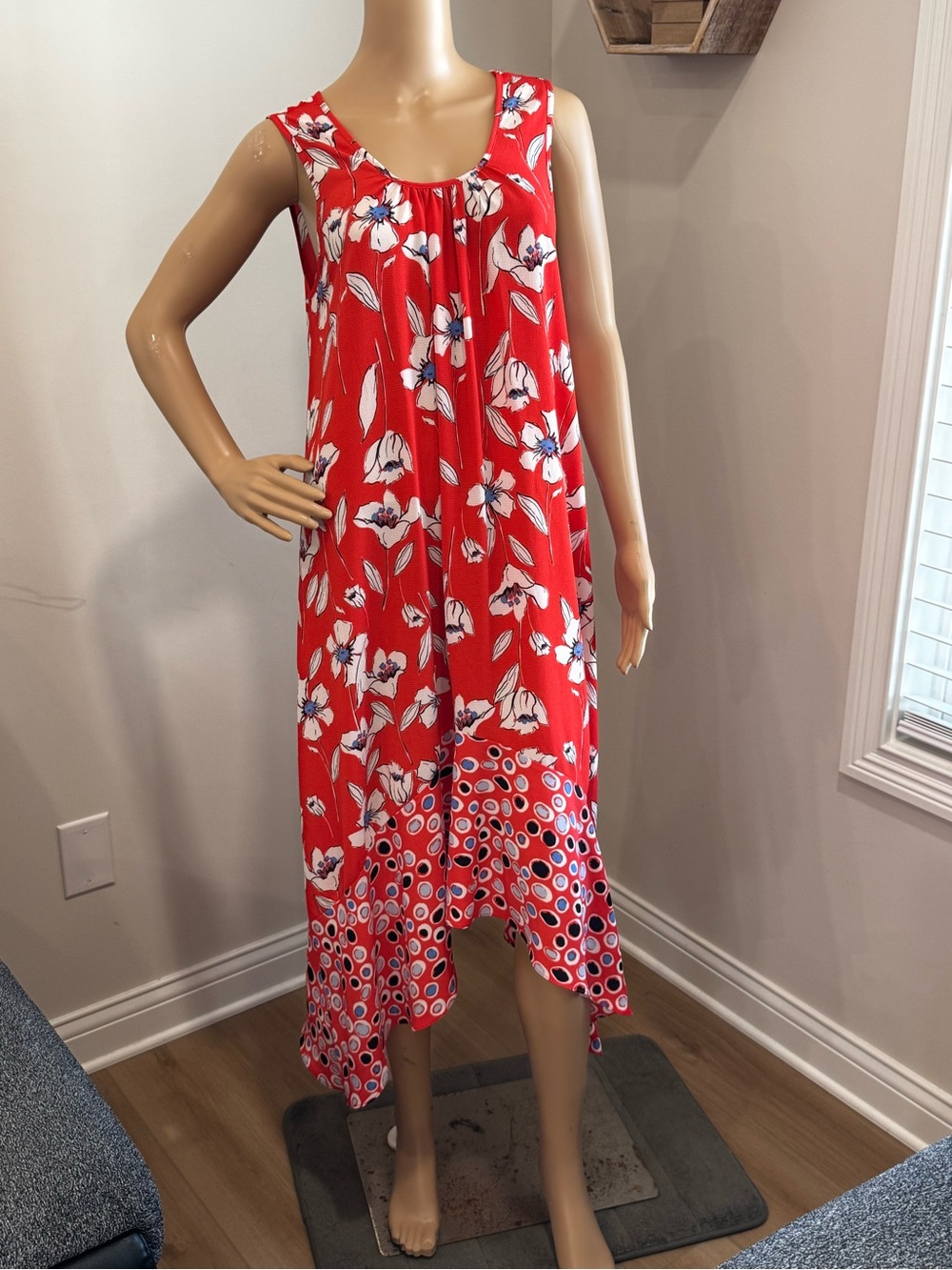 Closetrix Red Floral Midi Dress Sleeveless Swing Hem Size S NWOT